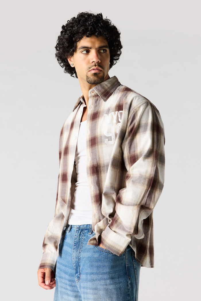 Graphic Plaid Long Sleeve Button-Up Top