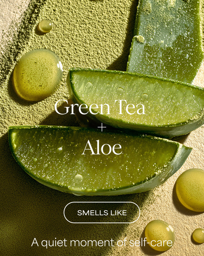 Green tea and aloe vera slices with droplets on a textured beige background