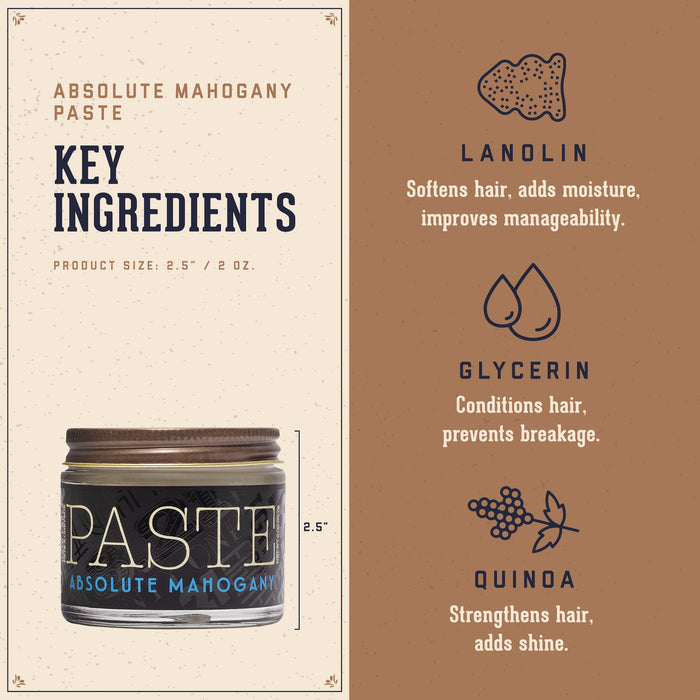Product label for Absolute Mahogany Paste with key ingredients listed on a beige and brown background.