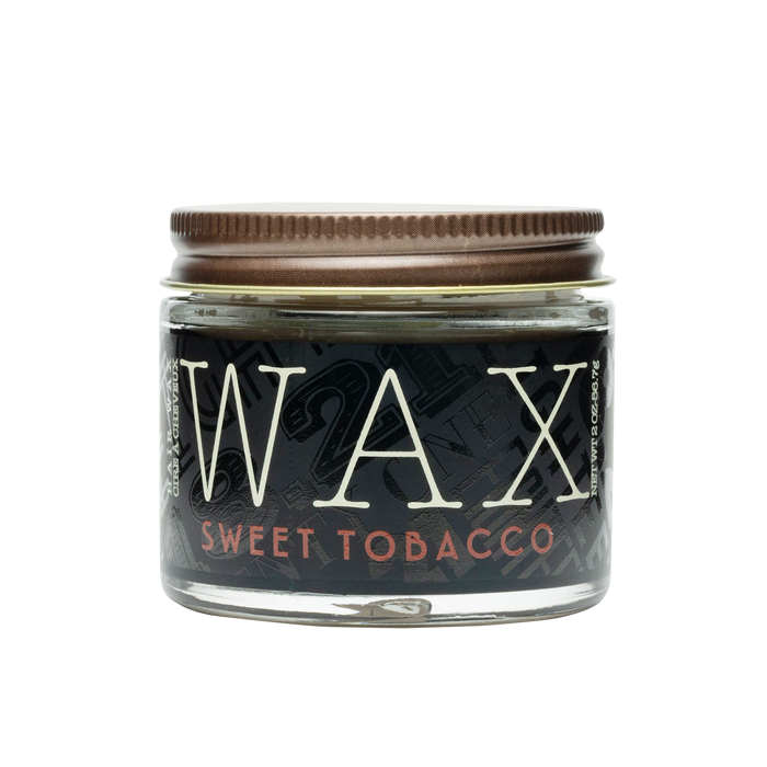 Jar of wax labeled 'Sweet Tobacco' on a white background
