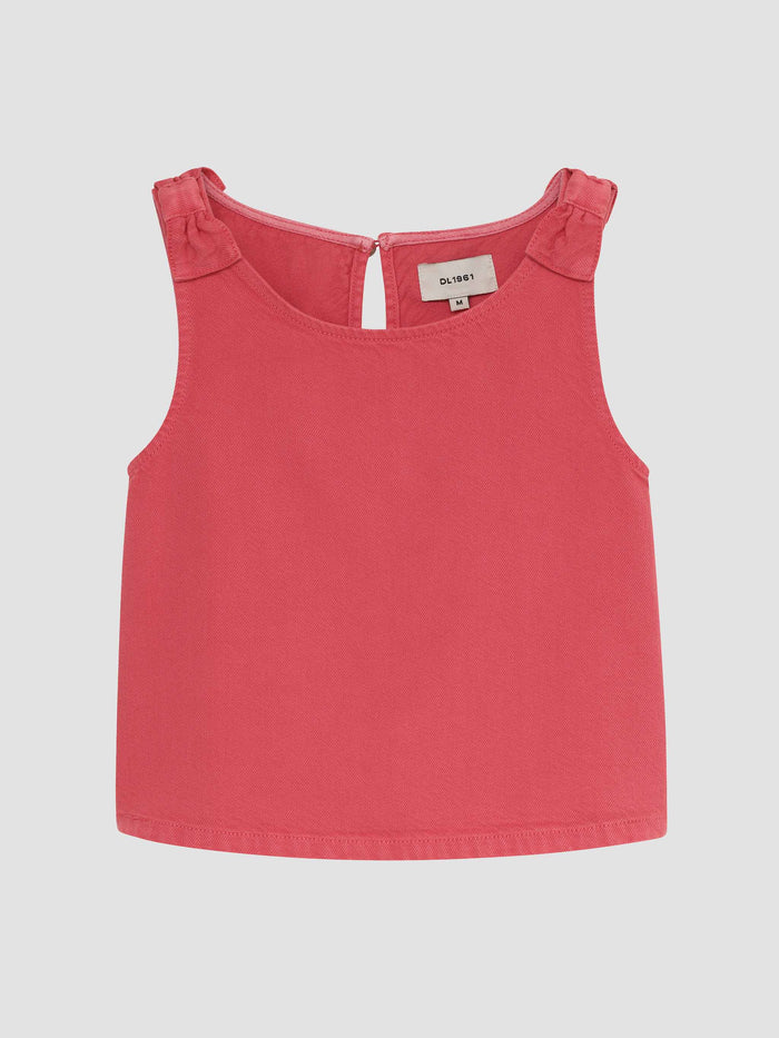 DL1961 girls' Hana top in coral-pink 'Raspberry' with bow shoulder straps, flat front view.