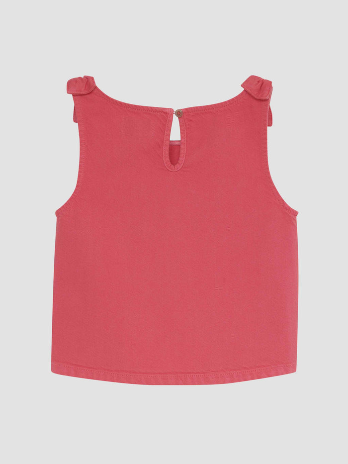 DL1961 girls' Hana top in coral-pink 'Raspberry' with keyhole back and bow straps, flat back view.