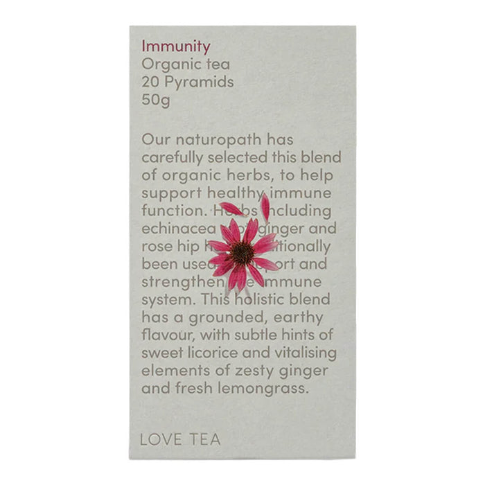 Love Tea Immunity Pyramid Tea Bags box containing 20 tea bags, herbal blend with echinacea root, ginger, and rosehip.