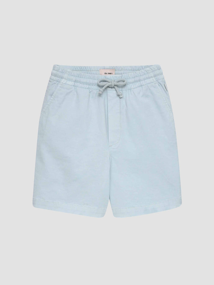 DL1961 boys' Jackson Short in pale blue 'Sky Blue', flat front view with drawstring elastic waist.