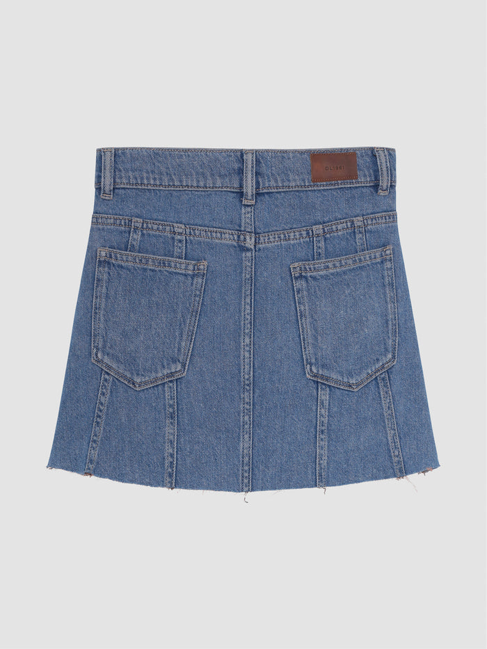 DL1961 girls' Jenny mini skirt in medium blue 'Indigo Rose', flat back view with patch pockets and frayed hem.