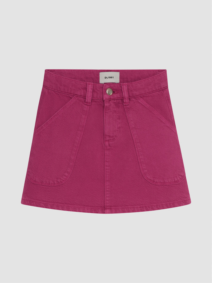DL1961 girls' Jenny denim mini skirt in magenta pink 'Sugar Blush', flat front with curved patch pockets.
