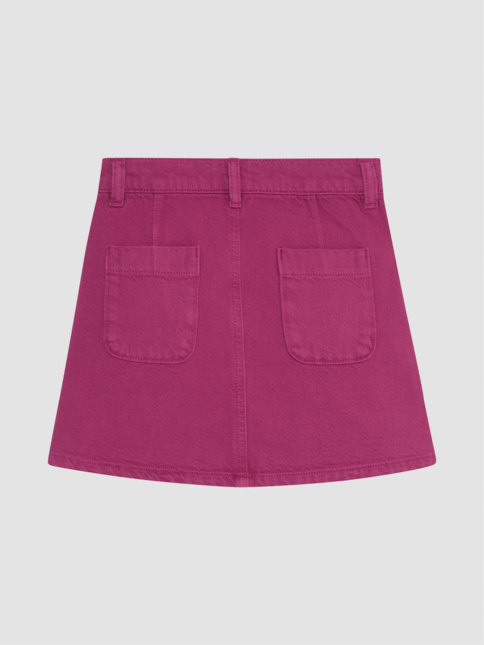 DL1961 girls' Jenny denim mini skirt in magenta pink 'Sugar Blush', flat back with two patch pockets.