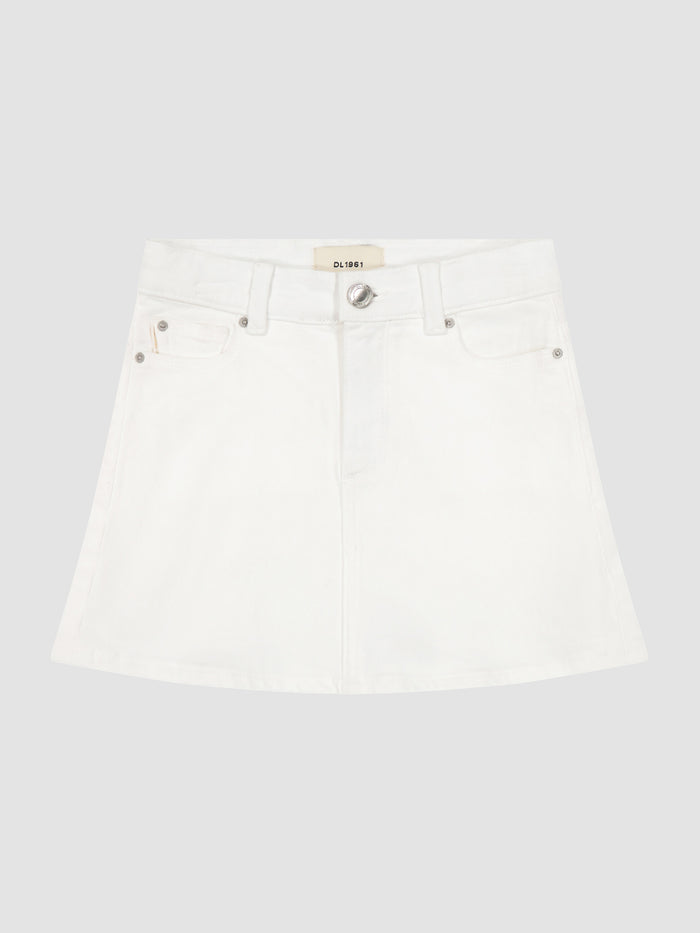 DL1961 girls' Jenny mini skirt in white denim 'White', flat front view.