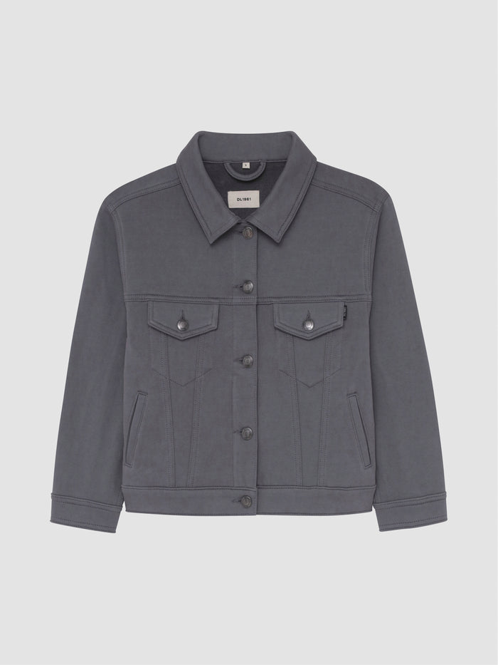 DL1961 girls' Jordyn knit denim trucker jacket in charcoal gray 'Alloy', button-front, flat front view.