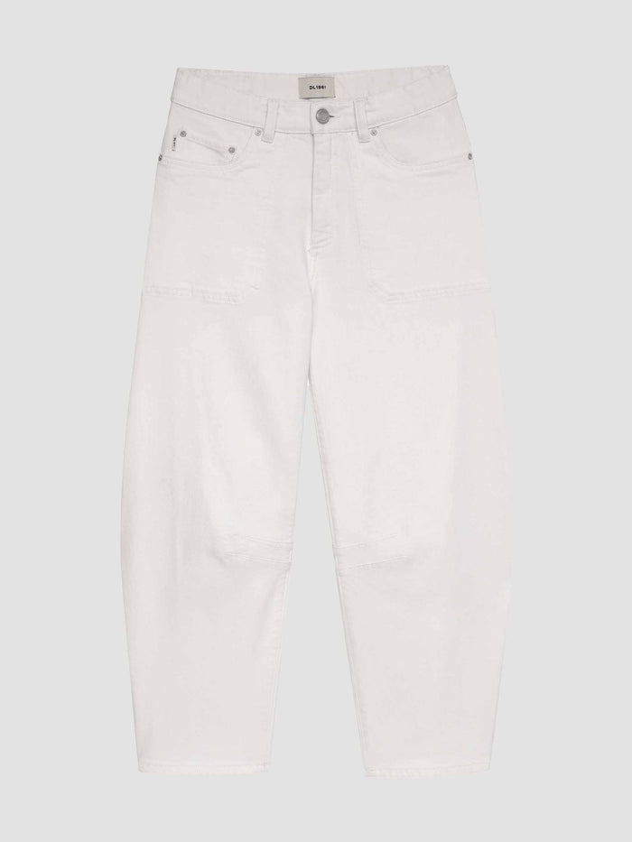 DL1961 girls' Kenzy Barrel jeans in white 'White', flat front view with barrel leg
