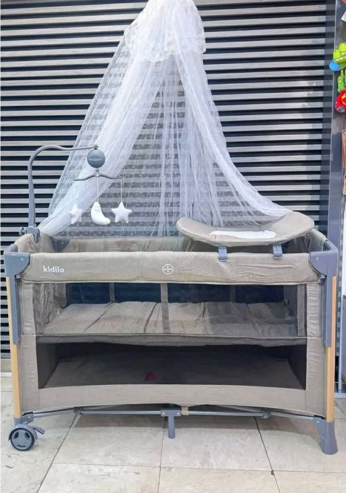 Kidilo Baby Travel Cot Deluxe — Beige with Canopy, Changer & Mobile