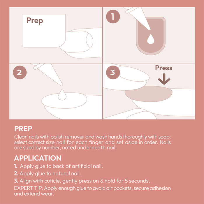 IVY BEAUTY by KISS Kiss Bare But Better nails press on application instructions showing prep glue and press steps