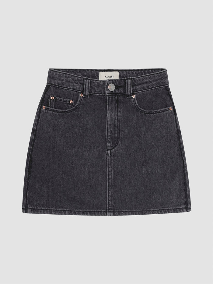 DL1961 girls' Lane Classic mini skirt in washed black 'Nightshade Lace', flat front five-pocket view.