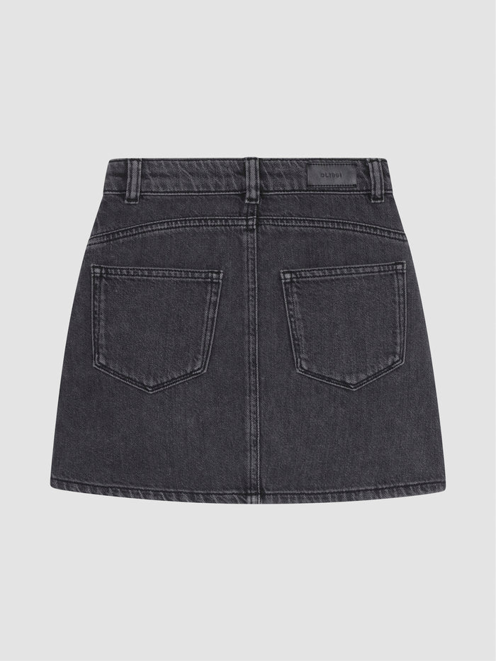 DL1961 girls' Lane Classic mini skirt in washed black 'Nightshade Lace', flat back with two pockets.