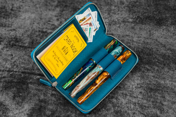 Leather Zippered 3 Slots Pen Case - C.H. Ocean Blue