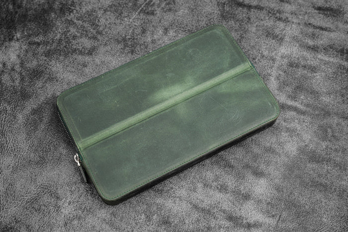 Leather Zippered Magnum Opus 12 Slots Hard Pen Case with Removable Pen Tray - Crazy Horse Forest Green