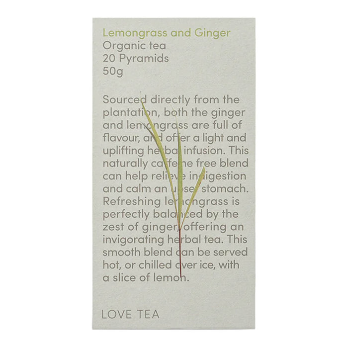 Love Tea Lemongrass & Ginger Pyramid Tea Bags box containing 20 tea bags, caffeine-free blend to help relieve indigestion and calm an upset stomach.