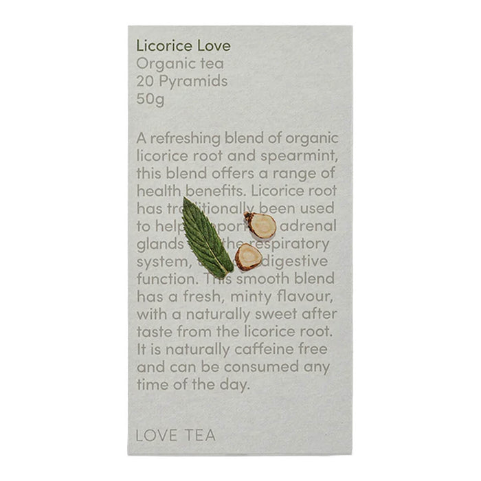Love Tea Licorice Love Pyramid Tea Bags box containing 20 tea bags, herbal blend of organic licorice root and spearmint.