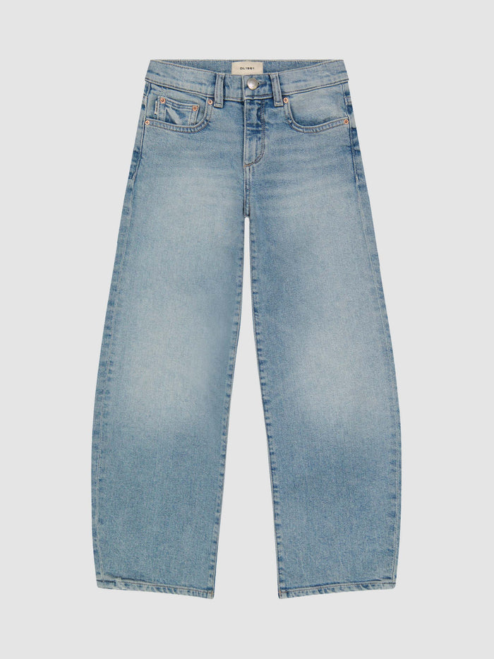 DL1961 girls' Lilia Barrel jeans in light blue 'Lt Island Park', flat front view.