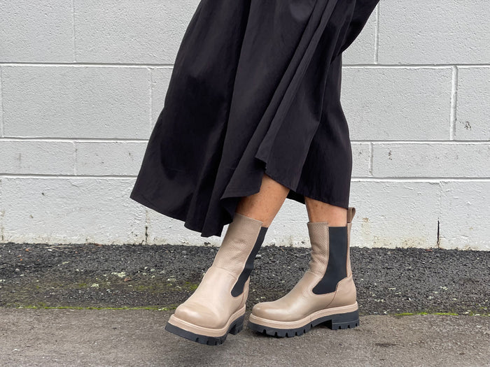 Good quality European boots made in Italy. Soft leather, Chelsea women's boot with elasticated gusset. Pull on boot.  Chunky soled boots.