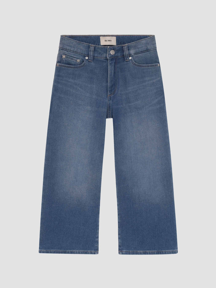 DL1961 girls' Lily Wide Leg jeans in medium blue 'Ballad Blue', flat front view.