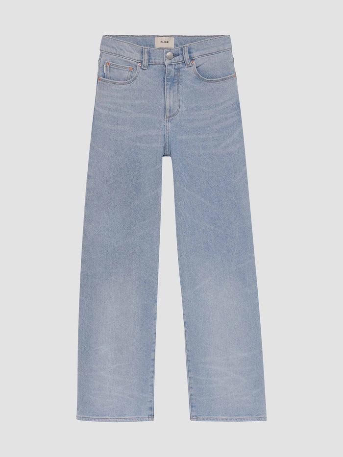DL1961 girls' Lily Wide Leg jeans in light blue 'Prairie', flat front view