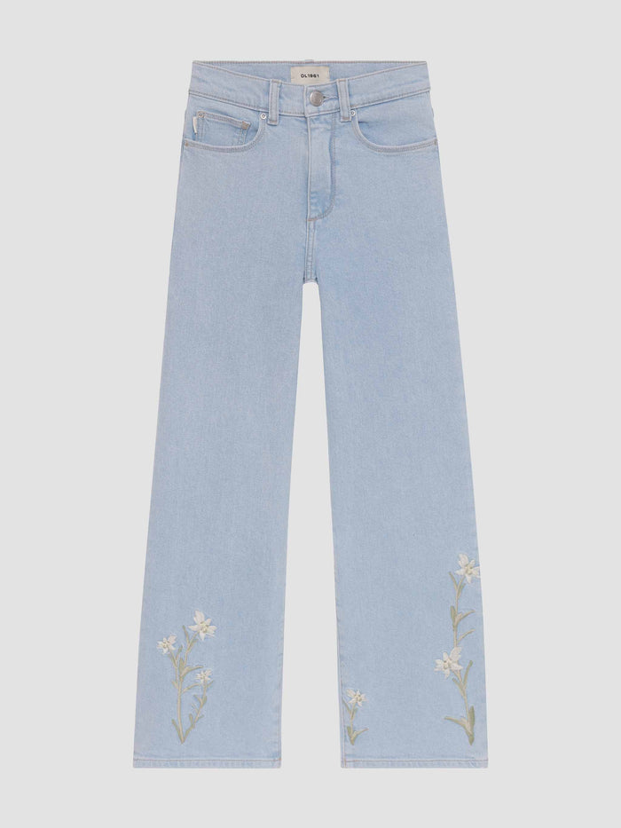 DL1961 girls' Lily Wide Leg jeans in light blue 'Wild Flower' with floral embroidery, flat front view