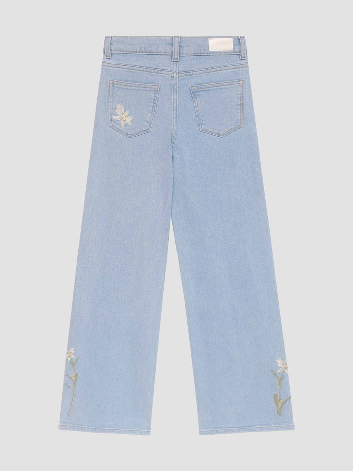DL1961 girls' Lily Wide Leg jeans in light blue 'Wild Flower' with floral embroidery, flat back view