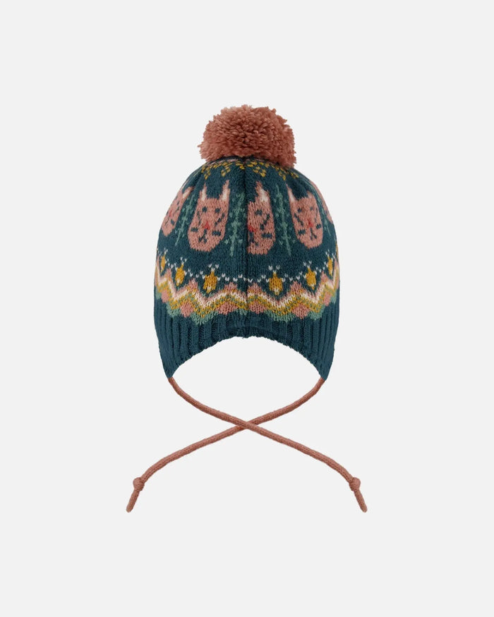 Lined Peruvian Knit Pompom Hat Green And Pink | Deux par Deux | Jenni Kidz