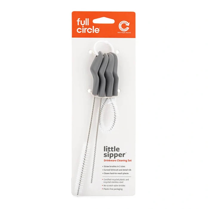 A packaged three-piece kitchen cleaning brush set by Full Circle, featuring gray silicone bristles and long stainless steel wire handles, mounted on a white backing card with an orange header.