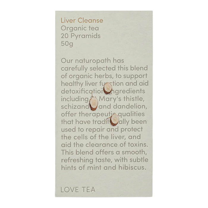 Love Tea Liver Cleanse Pyramid Tea Bags box containing 20 tea bags, blend of organic herbs to support liver function and detox.