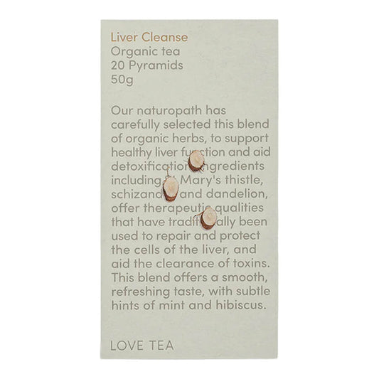Love Tea Liver Cleanse Pyramid Tea Bags box containing 20 tea bags, blend of organic herbs to support liver function and detox.