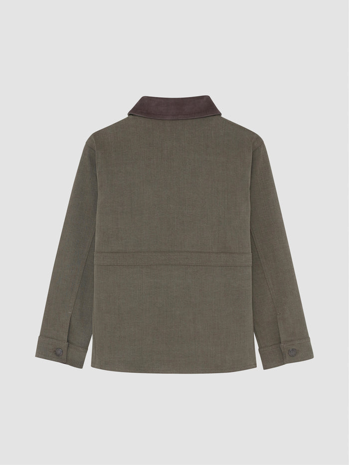 DL1961 boys' Louie denim chore jacket in olive green 'Outpost', brown collar, flat back view.