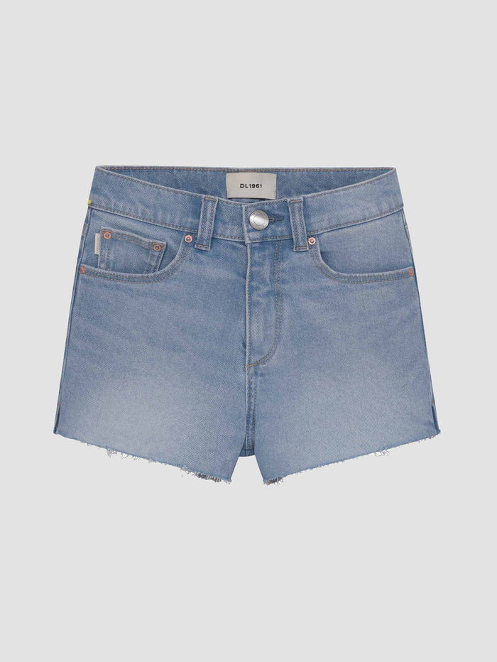 DL1961 girls' Lucy Short in light blue 'Summer Day', flat front view.