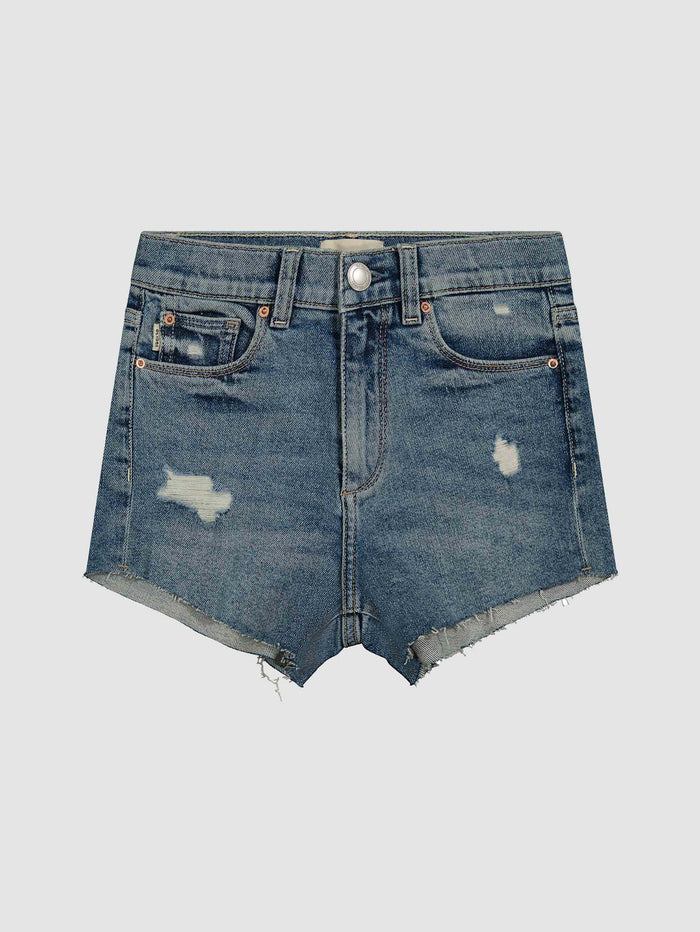 DL1961 girls' Lucy Shorts High Rise cutoff denim shorts in mid blue 'Springdale', flat front view with distressing.
