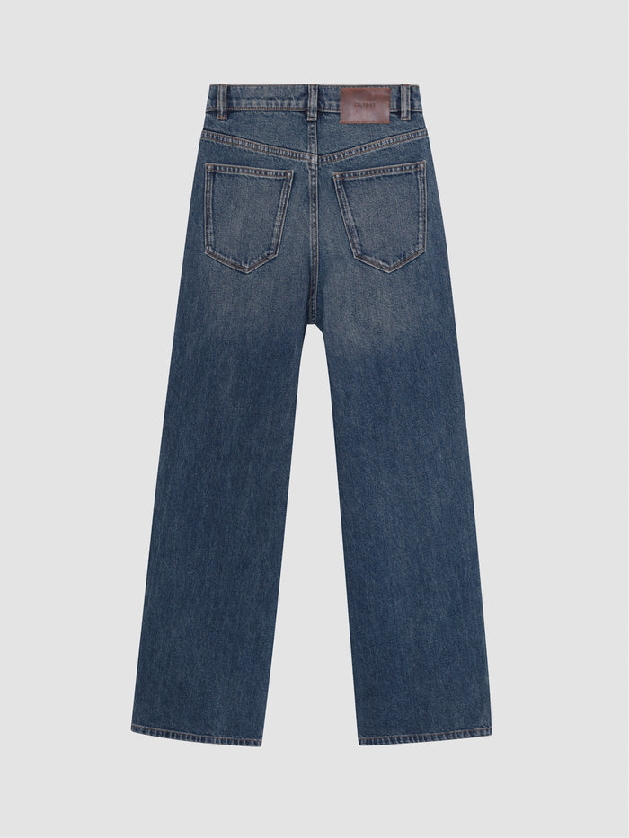 DL1961 boys' Mason Baggy wide-leg jeans in blue 'Tinted Dark', leather waist patch, flat back view.