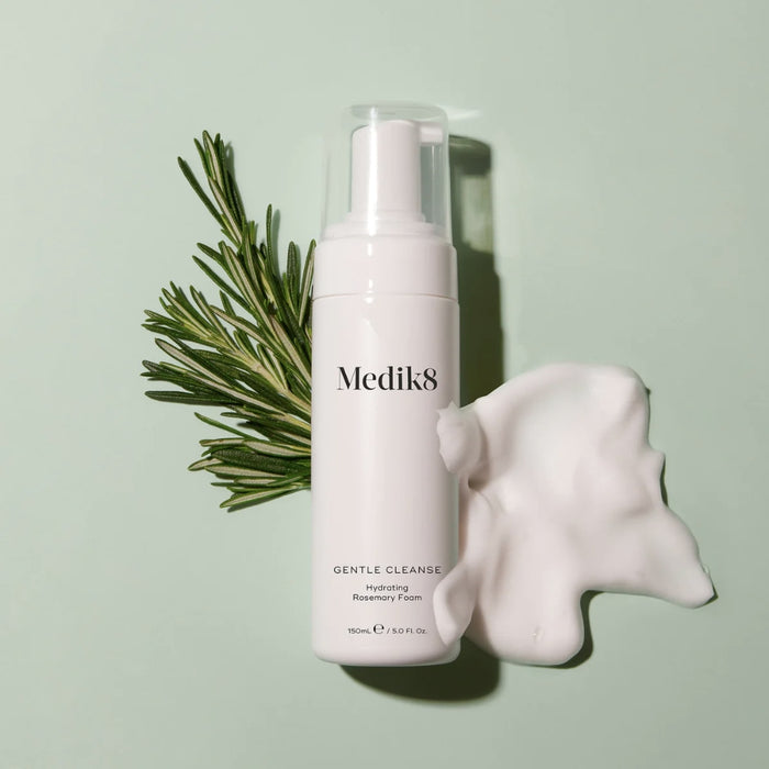 Medik8 Gentle Cleanse Hydrating Rosemary Foam 150ml with rosemary and the foam texture displayed