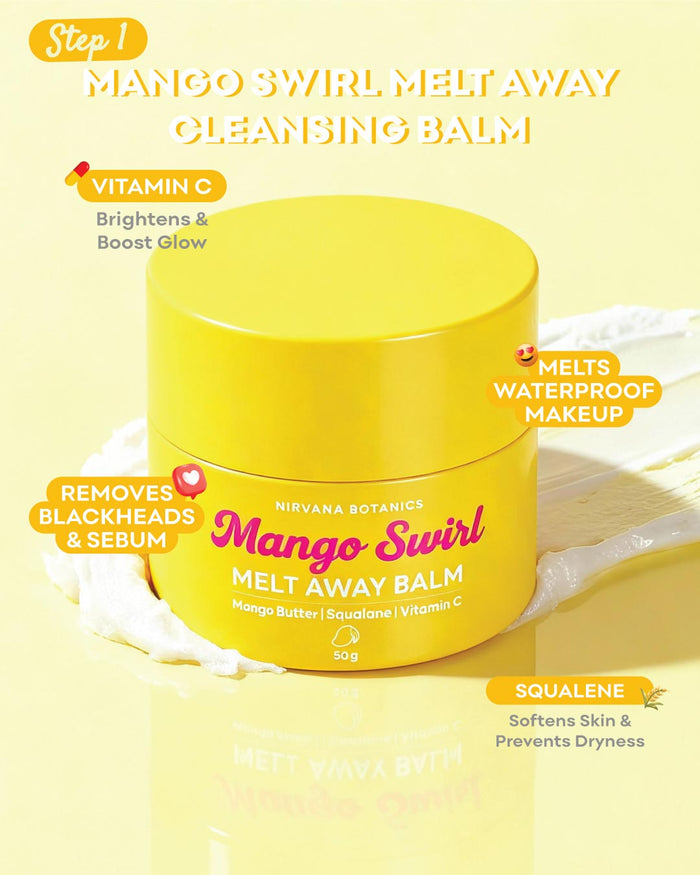 A bright yellow jar of Nirvana Botanics Mango Swirl Melt Away Balm centered on a pale yellow background, with text callouts describing benefits such as vitamin C, melting waterproof makeup, removing blackheads and sebum, and squalene softening skin.