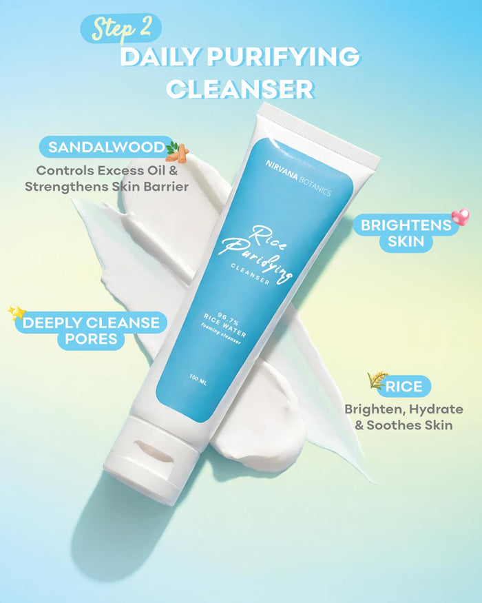 A tube of NoruMia Cosmetics Rice Purifying Cleanser is displayed diagonally on a stylized background of white cream swirls. The background features a soft gradient from light blue to pale yellow-green, with text highlighting the benefits of sandalwood, rice, and overall skin brightening.