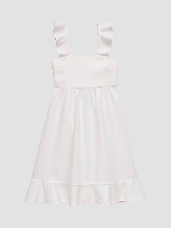 DL1961 girls' Meredyth mini dress in white 'White' with ruffle straps and flounce hem, flat front view.