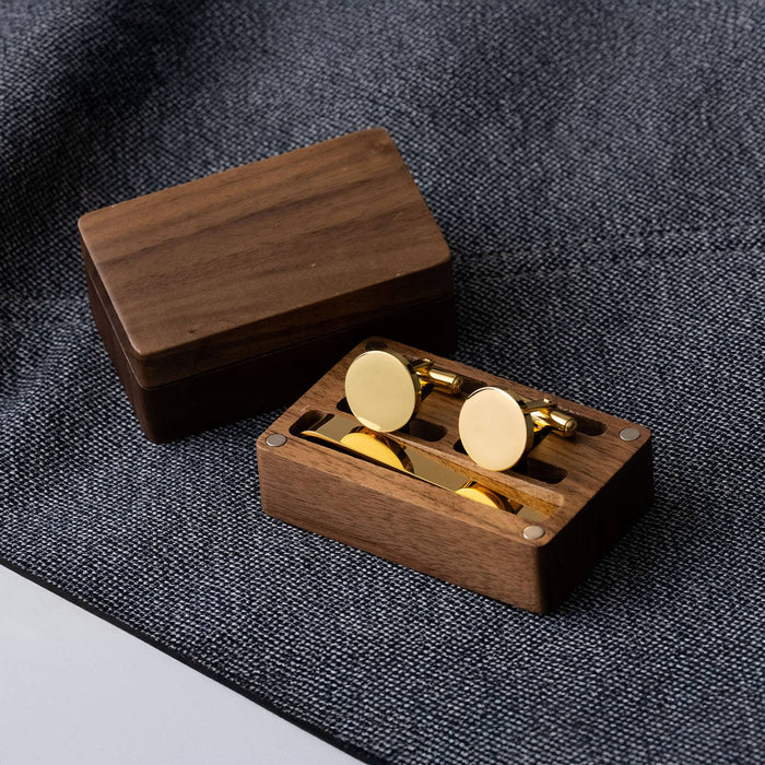 Metal Cufflink & Tie Clip with Wooden Box: Silver