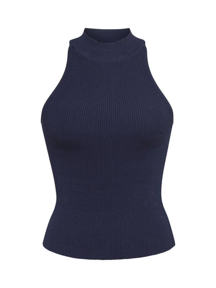 DL1961 women's Mock Neck Top in navy 'Bright Navy', ribbed sleeveless knit, flat front view.