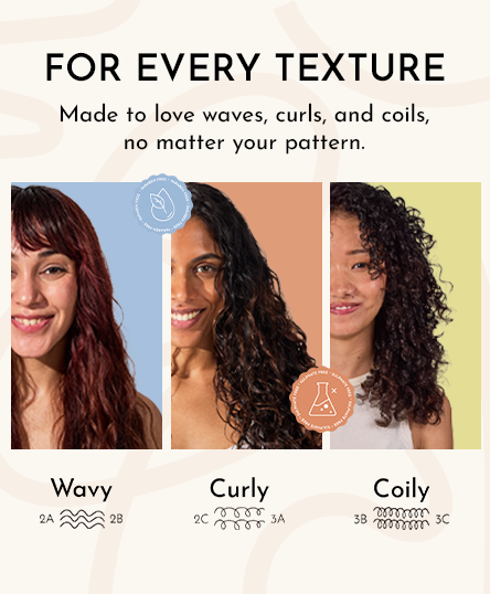 Advertisement for hair care product targeting wavy, curly, and coily hair textures with three women displaying different hair types.