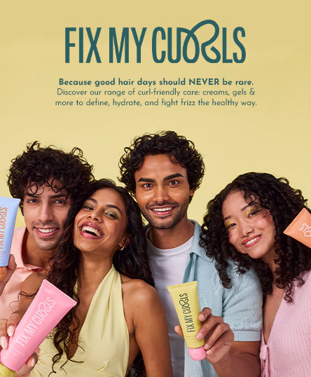Advertisement for 'Fix My Curls' hair care products with four people holding the product against a yellow background