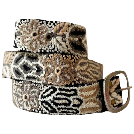 Monochromatic black embroidered wool belt with cream and taupe floral and geometric stitching and a lead-free metal buckle.