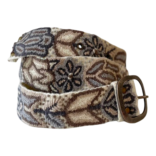 Monochromatic cream embroidered wool belt with taupe, brown, charcoal, and neutral floral stitching and a lead-free metal buckle.