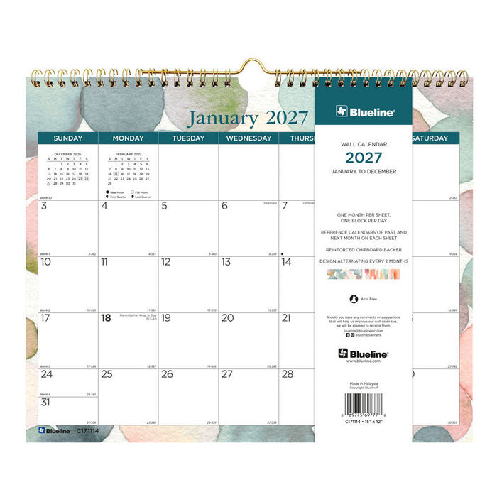 Monthly Wall Calendar, Splash, 2027 C171114-27 Blueline