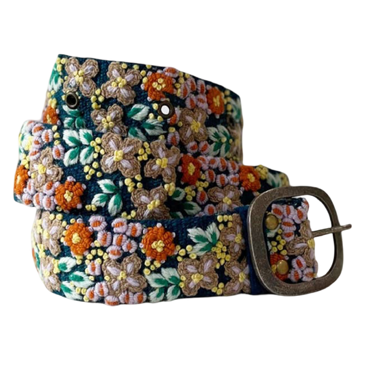 Deep navy wool belt with dimensional lavender, orange, green, cream, and yellow floral embroidery and a lead-free metal buckle.