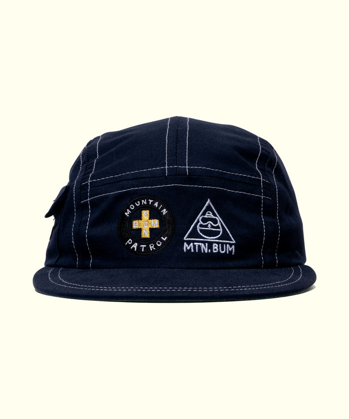 Navy blue cap with embroidered logos on a white background