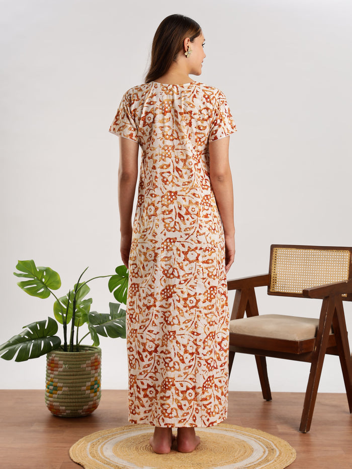 Mustard Yellow Batik Print Cotton Nighty for Women